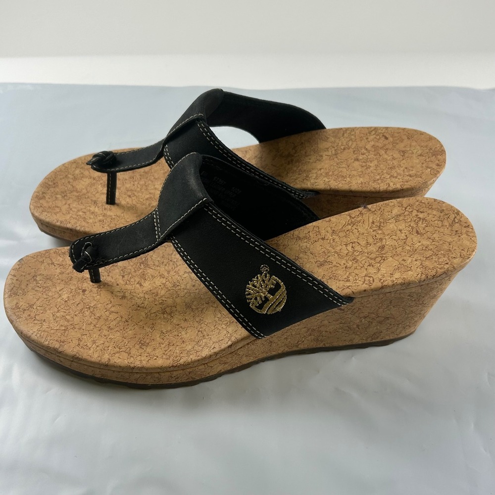 Timberland WMNS 8M Genuine Leather Black Heel Y2K Beach Cork Wedge Thong Sandals